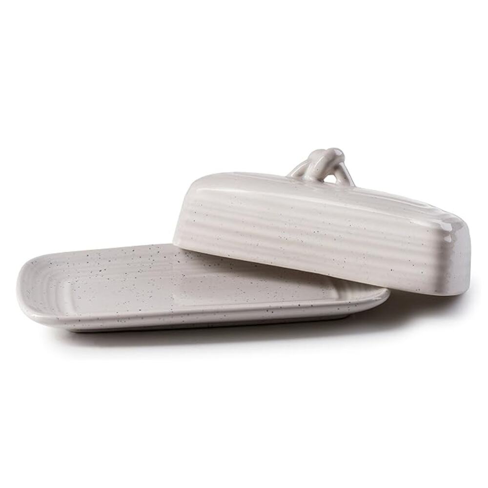 Ceramic Butter Dish w Handle- Avalon White w/Blue Speck